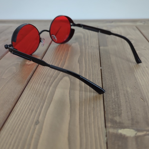 Red Tinted Round Steampunk Sunglasses - Picture 2 of 5